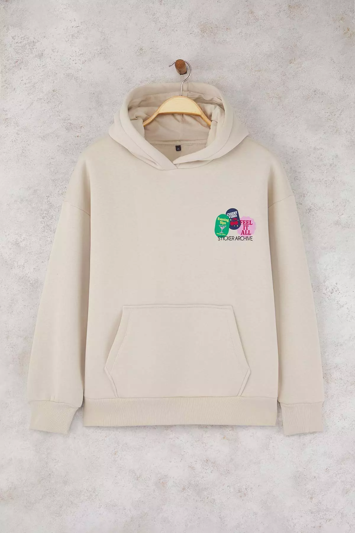 Stone Back Printed Hooded Oversize/Wide Pattern Knitted Sweatshirt