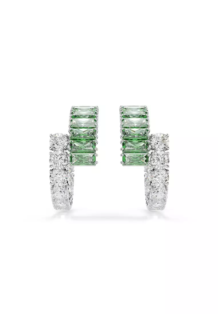 Matrix hoop earrings, Mixed cuts, Green, Rhodium plated