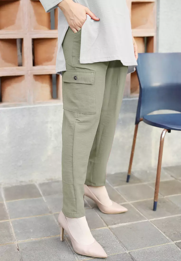 Elirana Celana Basic Pocket | Celana Kulit Wanita - Olive Green