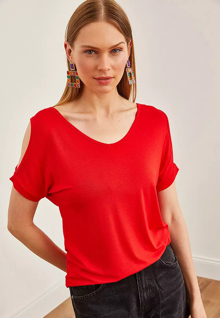 Women's Red V-neck Shoulder Low-cut Knitted Viscose Blouse BLZ-19002291