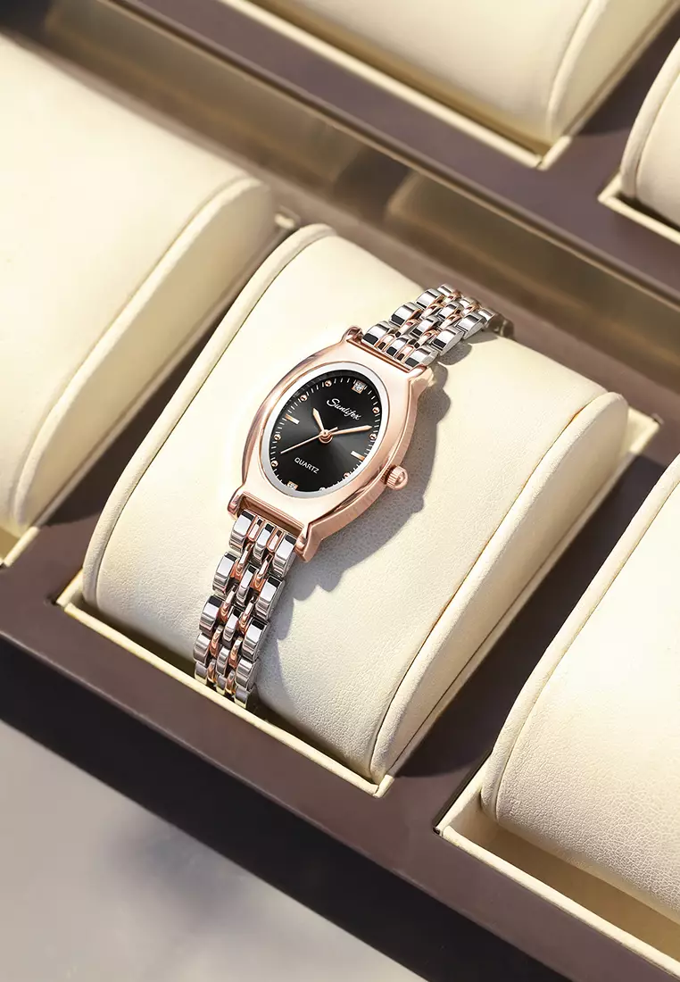 Jam Tangan Wanita Original Oval Korea Elegan Vintage Kuarsa Tali Alloy Jam Tangan CewekA008 rose black