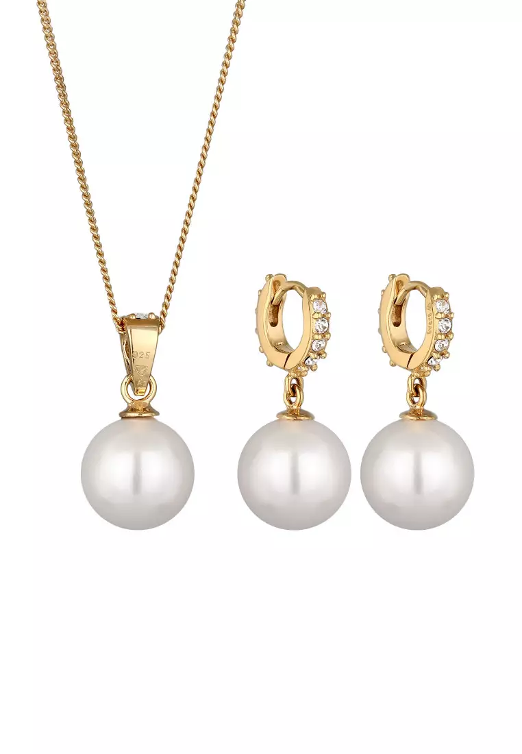 Set Perhiasan Perak 925 Wanita Shell Pearl Gold Plated Embellished with Crystal by Swarovski®