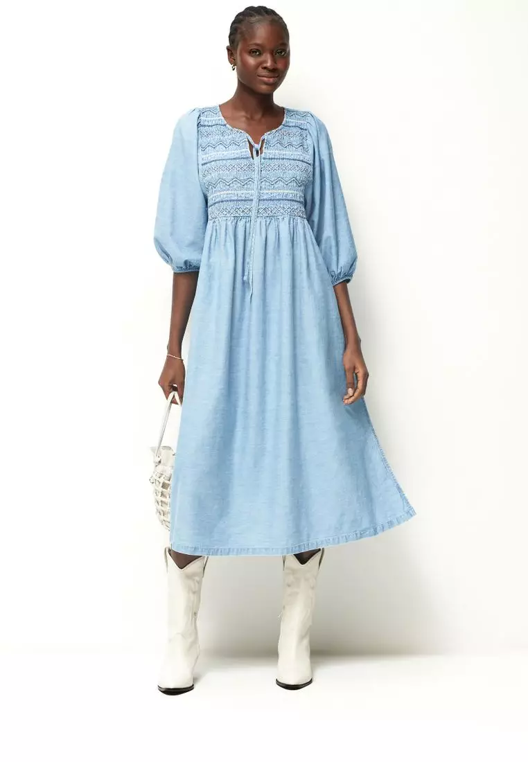 Buy NEXT Embroidered Midi Denim Smock Dress 2025 Online ZALORA