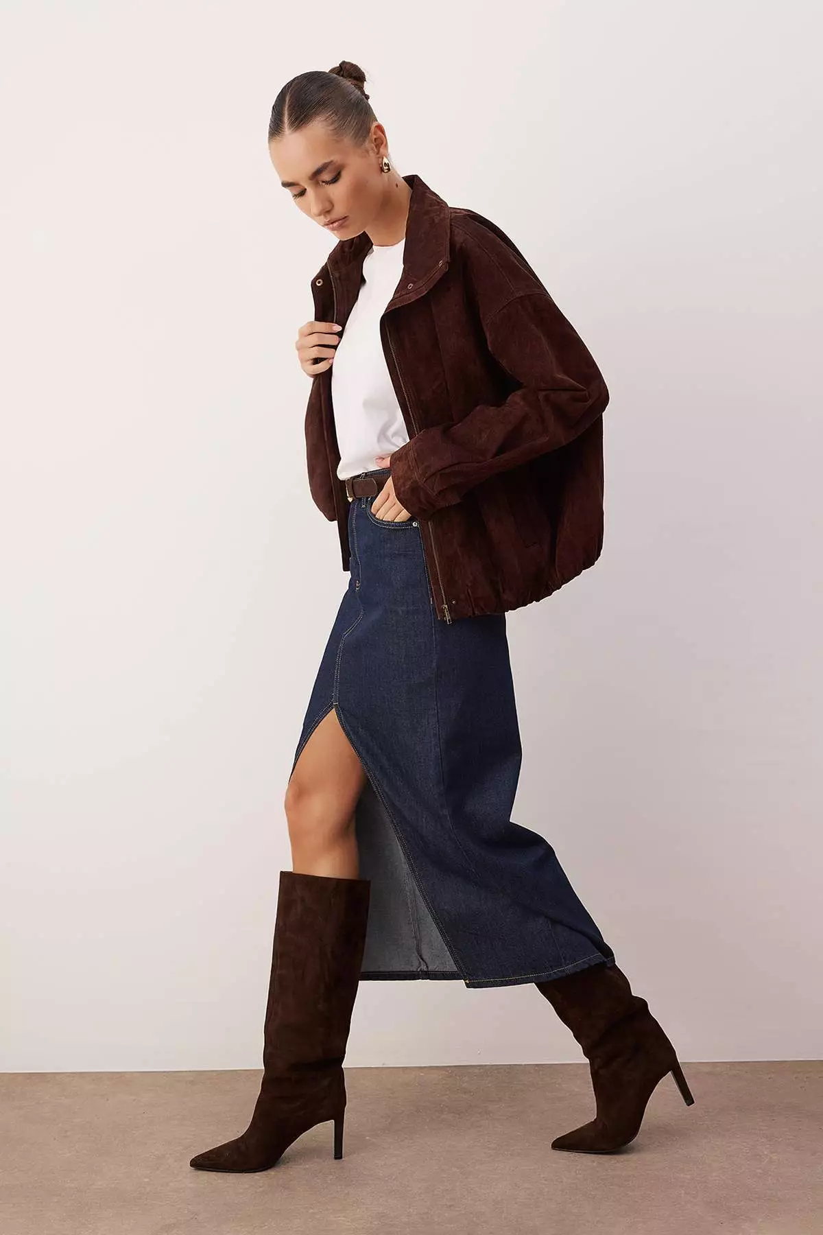 Dark Blue Slit Maxi Denim Skirt Twoaw26Et144