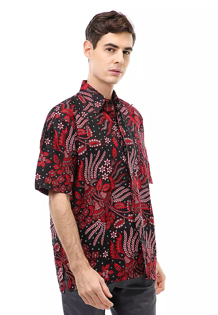 Kendrick Atasan Formal Kemeja Batik Pria Motif Manggar Abang Short Sleeve Full Furing Material Cotton ORIGINAL - Red