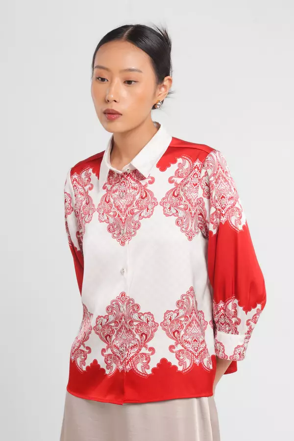 MINIMAL - Cantika - Kemeja A-Line Motif Kawung - Red Colour Red