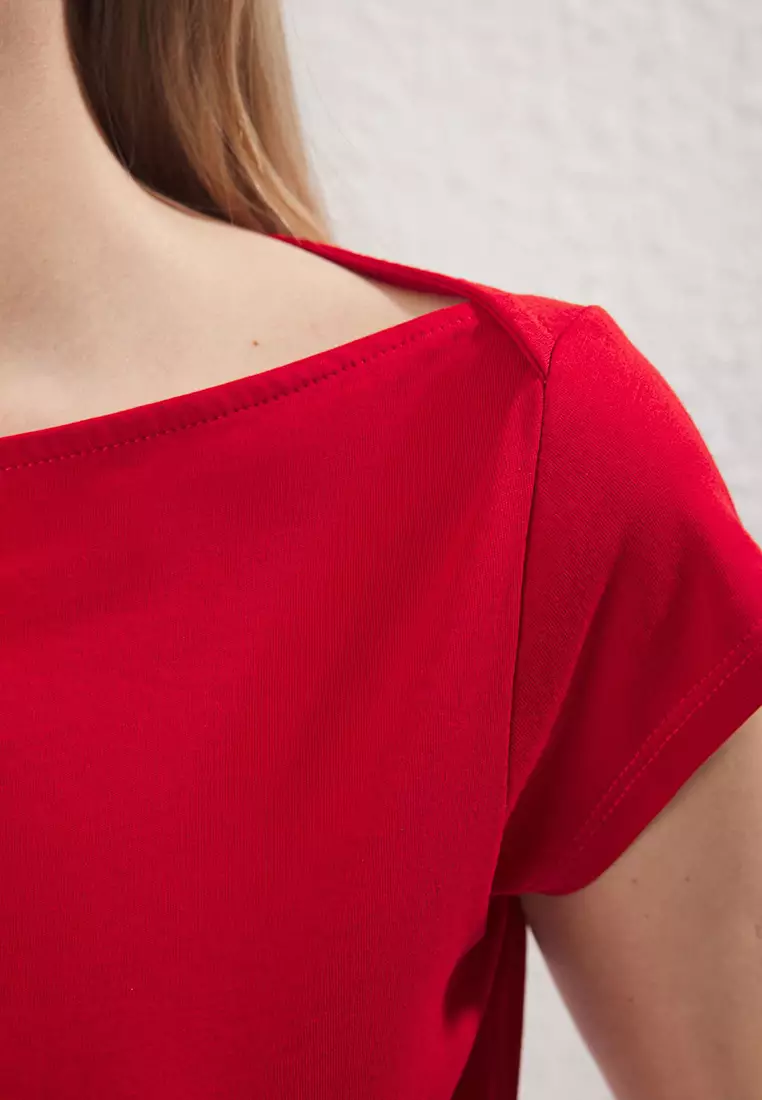 Red Boat Neck Fitted/Fits Body Cotton Stretch Knit Blouse Twoss25Bz00285