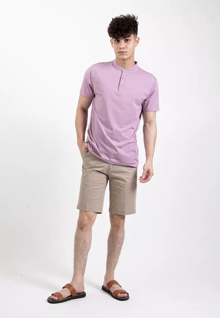 Forest Premium Weight Cotton Stretchable Mandarin Collar T Shirt Men Slim Fit Tee | 23856-76SmokePurple