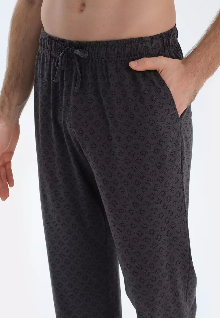 Anthracite Shirt & Trousers, Geometric Print, Shirt Collar, Short Sleeve Sleepwear for Men