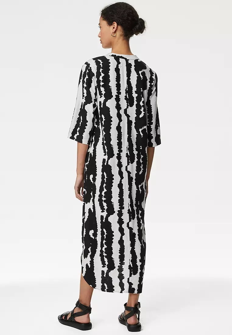 Linen Rich Printed V-Neck Midi Shift Dress