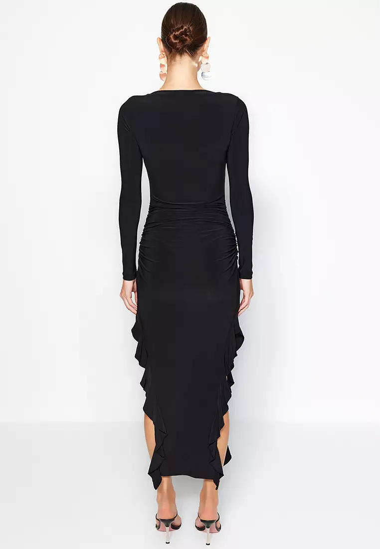 Boat Neck Ruffle Ruched Midi Dress