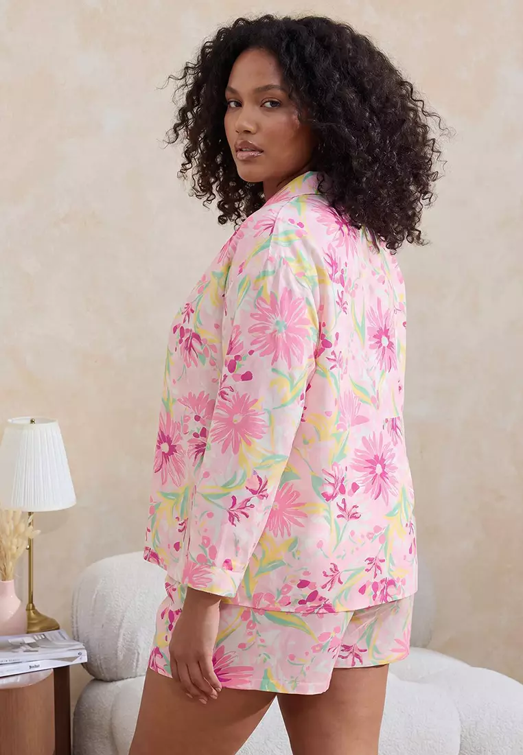 Pink Floral Viscose Plus Size Pajama Set Tbbss26Ai00051