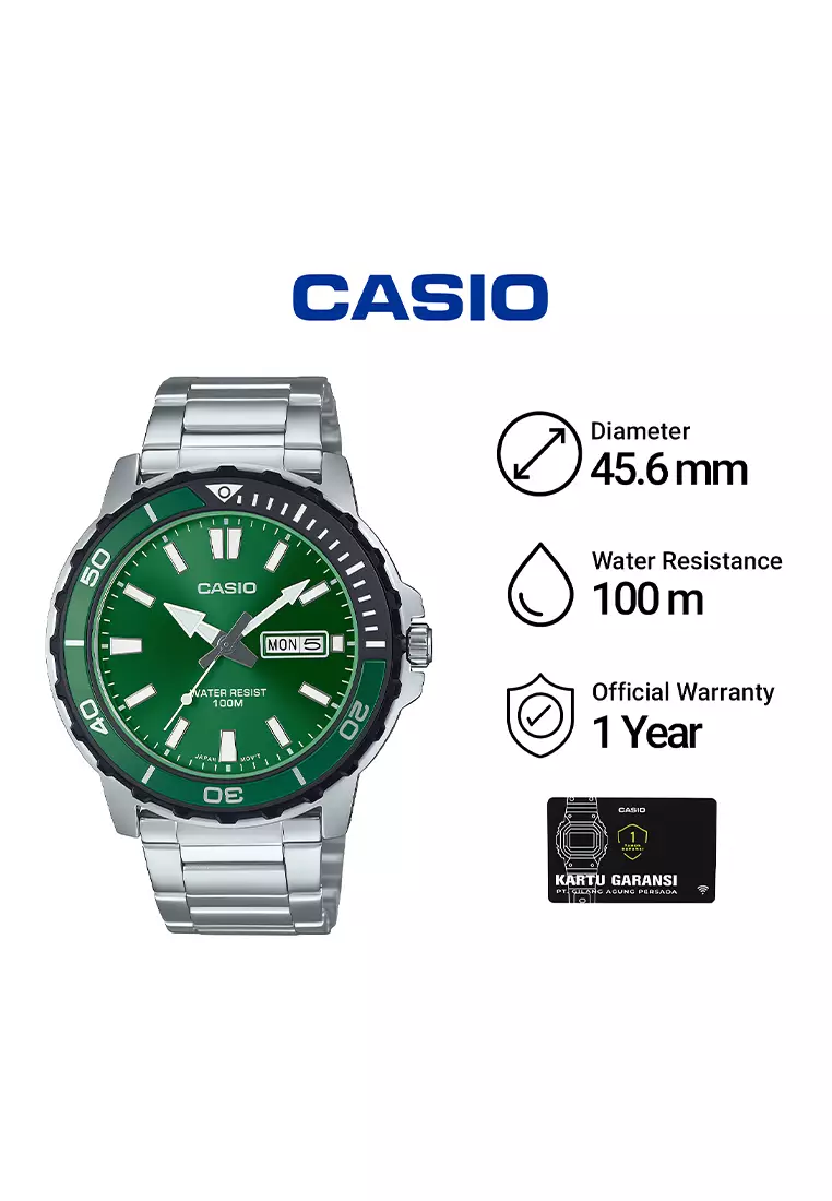 Casio General MTD-125D-3AV Jam Tangan Analog Pria - Green Dial Silver Stainless Steel