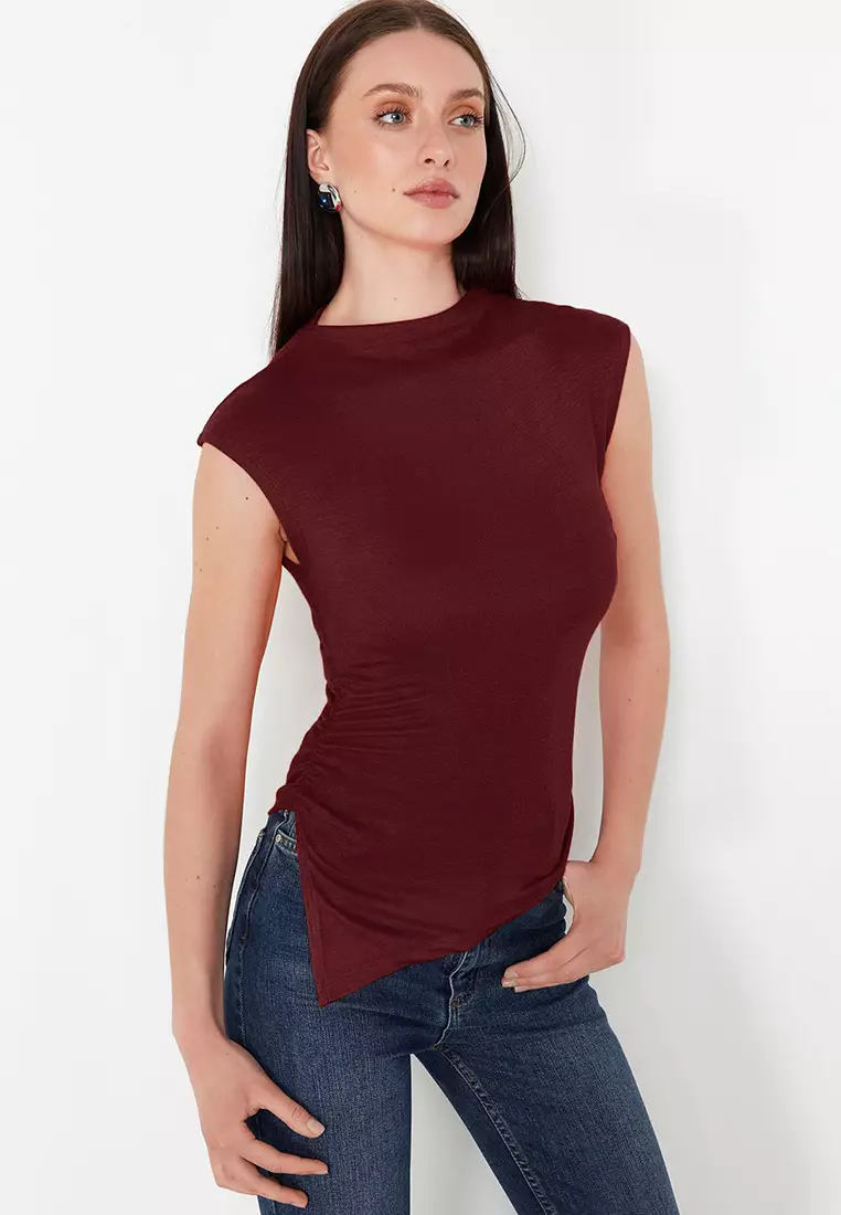 Claret Red Stand Collar Gathered/Drape Detailed Fitted/Body-Sit Asymmetrical Knitted Blouse TWOSS24BZ00534