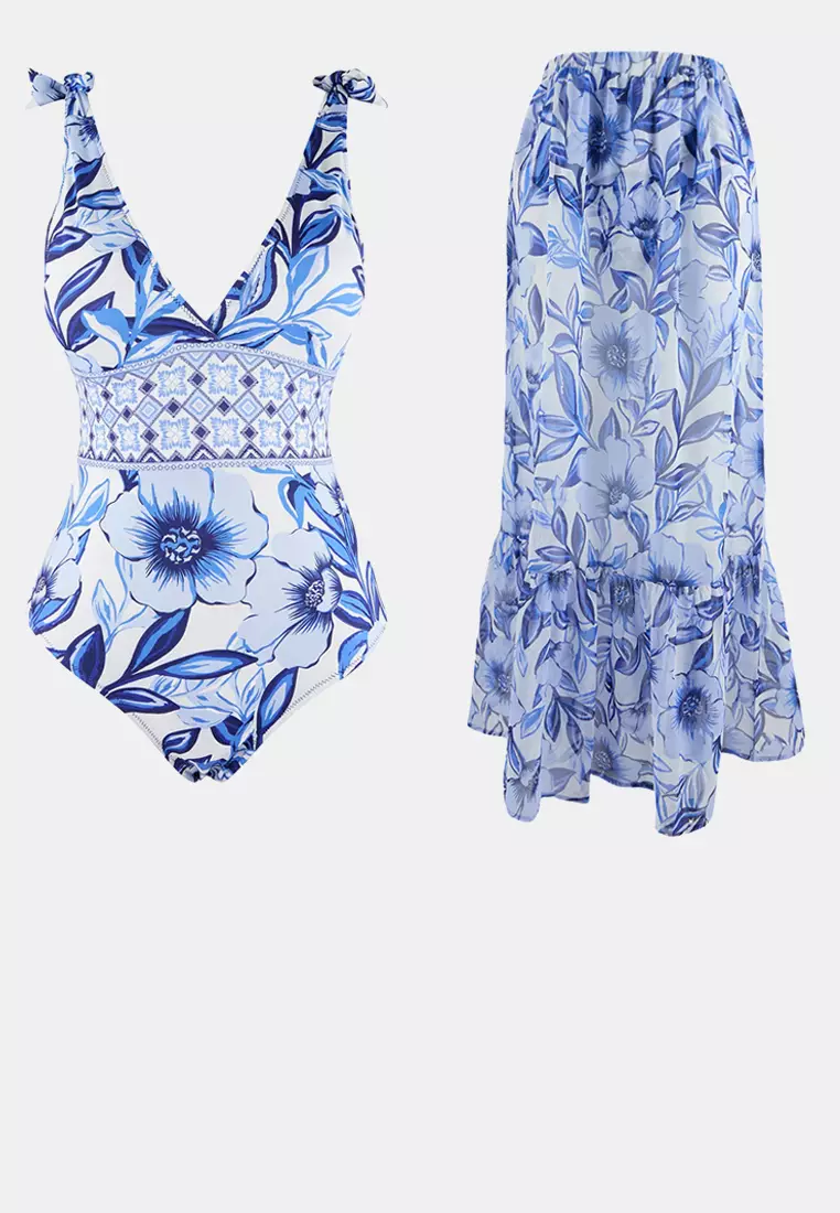 Floral Pattern Covered Deep V-Neck Regular 2-Piece Suit Skirt Swimsuit Tbess26Ma32