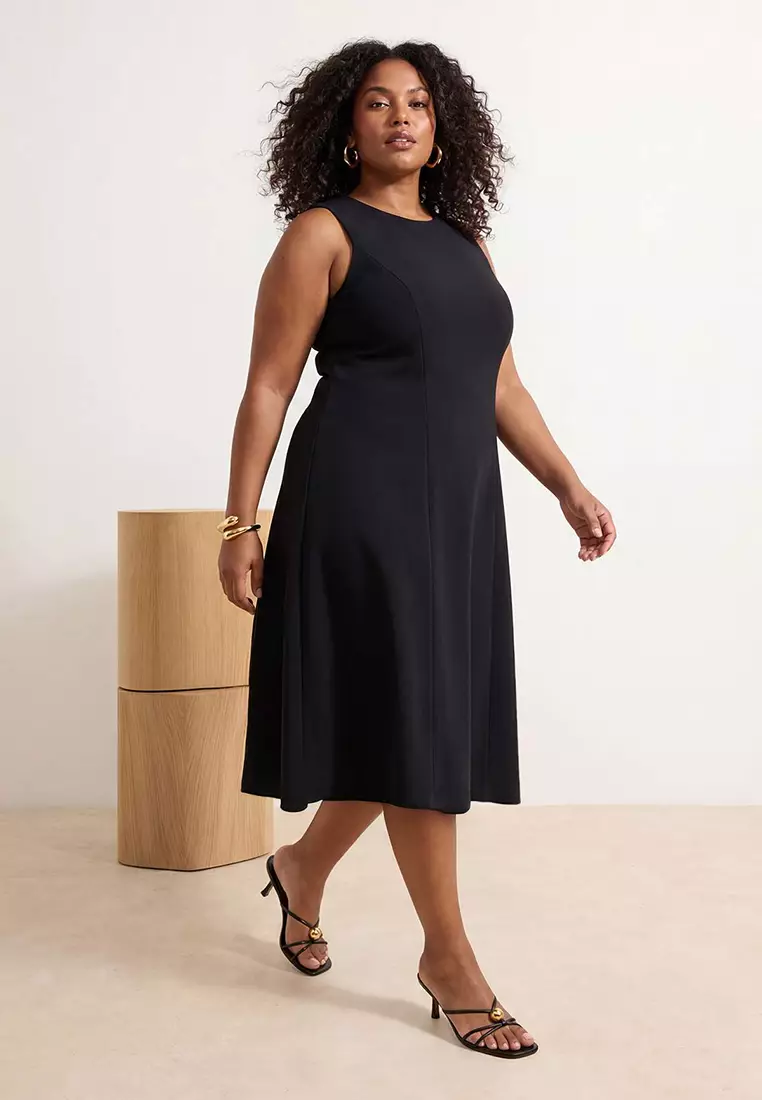 Black 100% Cotton Skater Crew Neck Sleeveless Midi Knitted Midi Plus Size Dress Tbbss26Ah00157