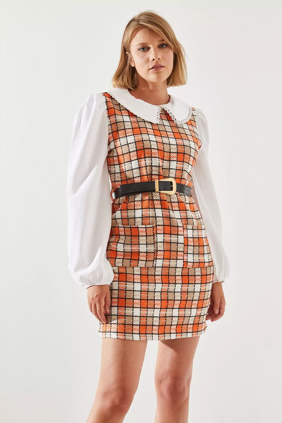 Women's Belted Plaid Patterned Collar Dress