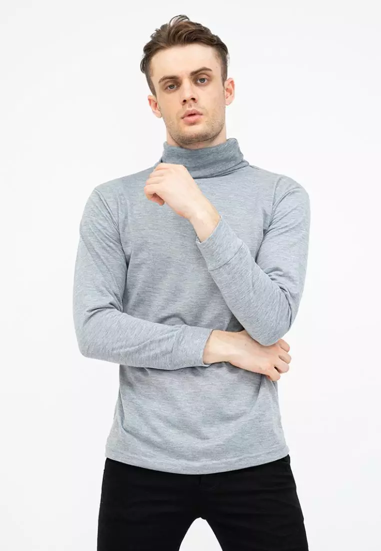 Turtle Neck pria lengan panjang abu muda kaos kerah tinggi slim fit houseofcuff