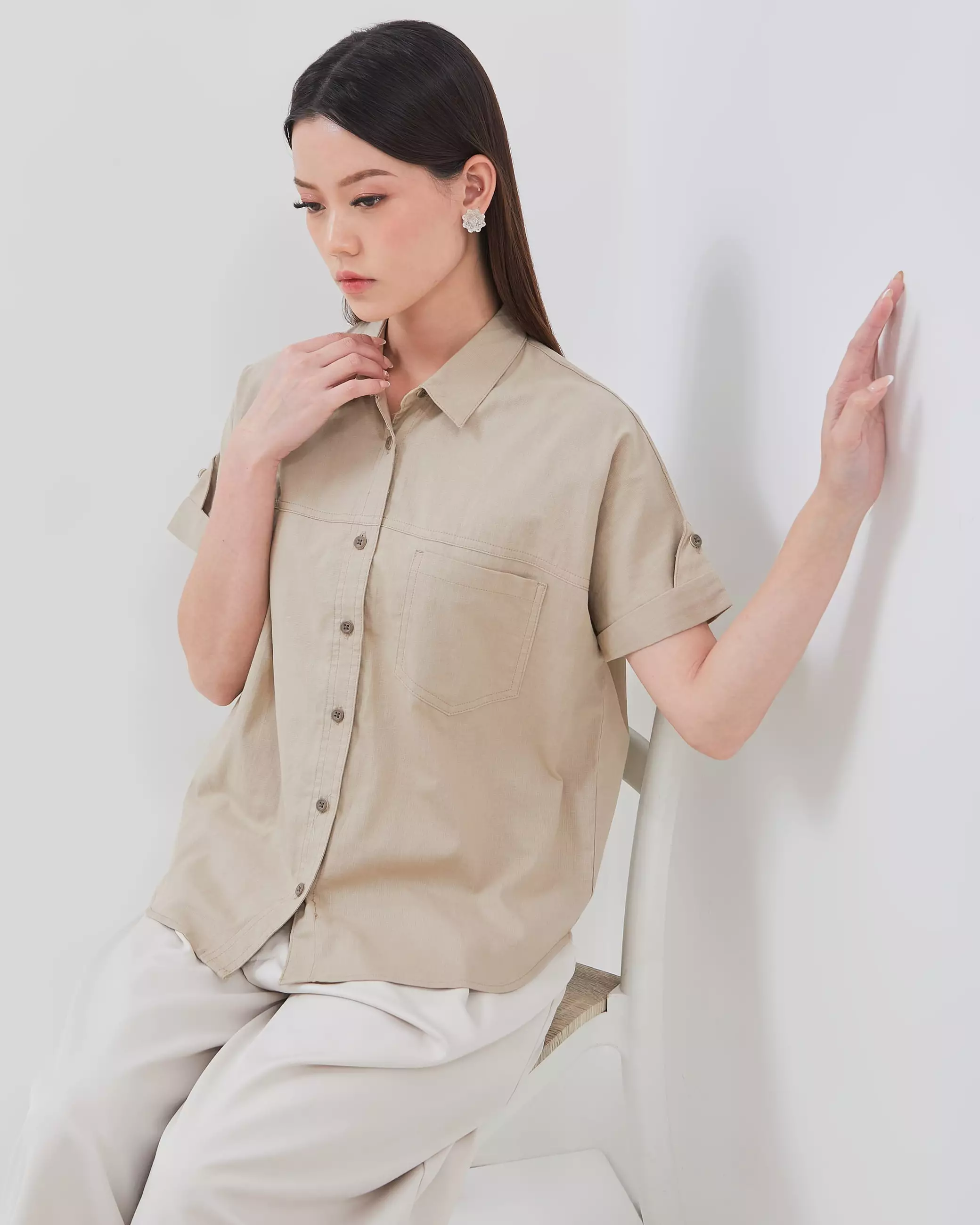 Urban Exchange Alisha Shirt Latte - Atasan Kemeja Wanita Lengan Pendek Warna Latte
