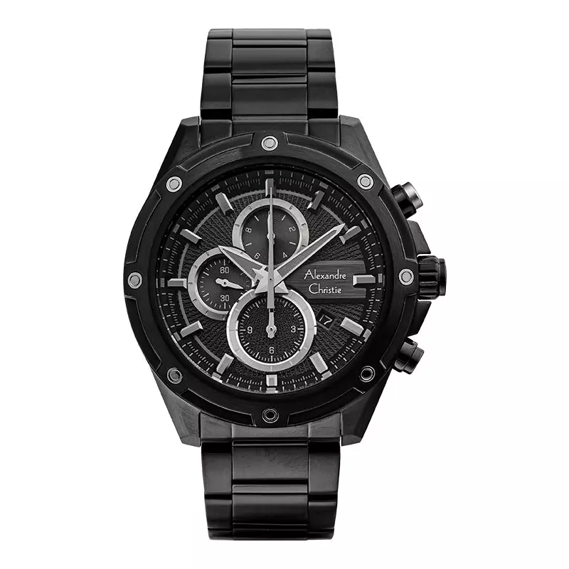 Jam Tangan Pria Alexandre Christie AC 6605 MC BIPBA Chronograph Men Black Dial Black Stainless Steel Strap