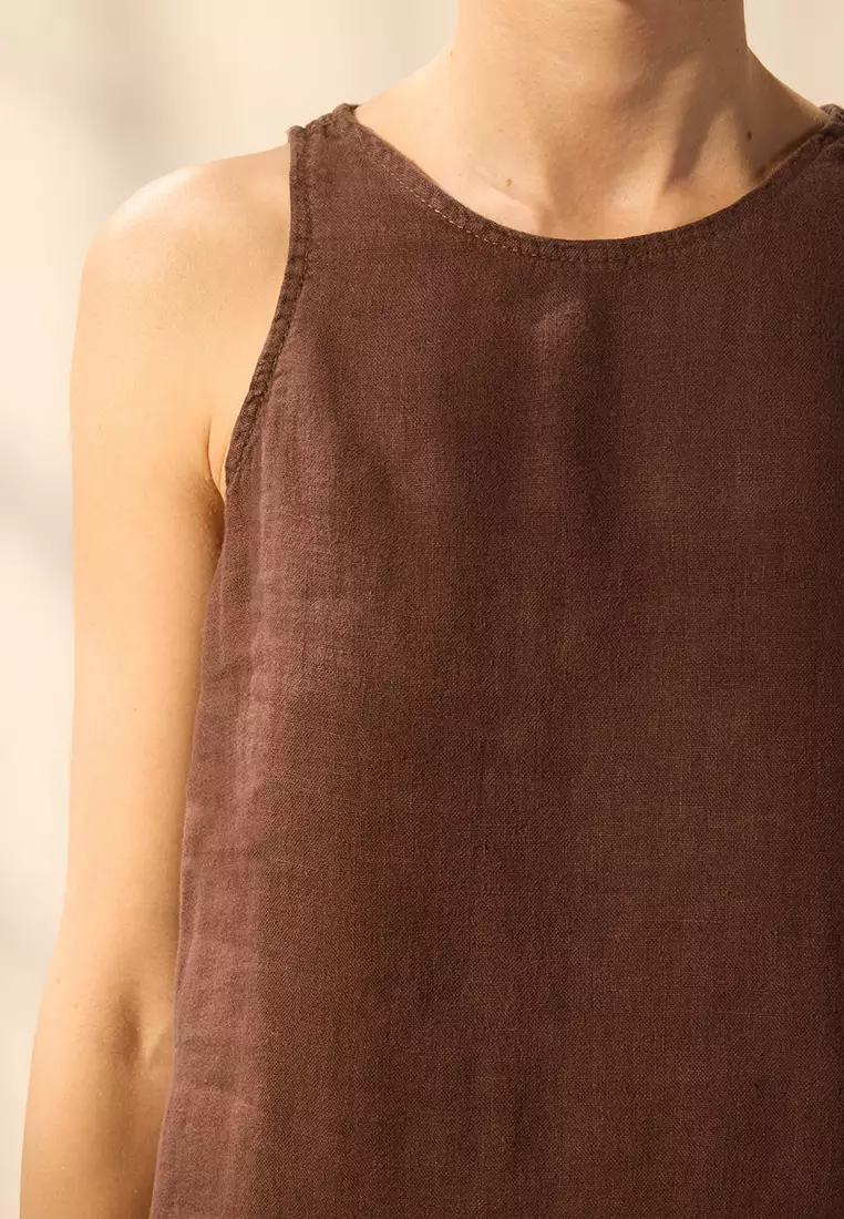 Brown 100% Linen Basic Mini Dress Twoss25El00610