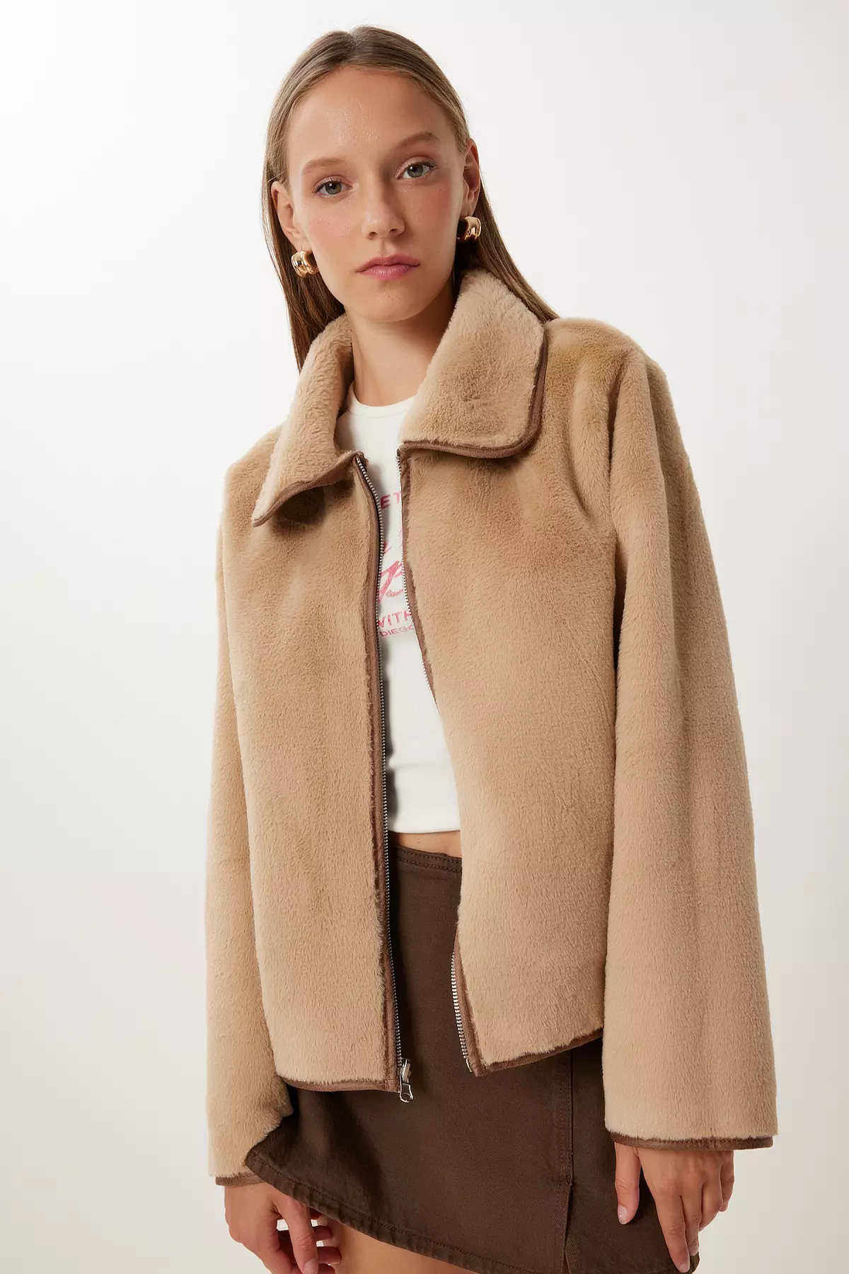 Women's Biscuit Brown Double Sided Polo Collar Jacket Kt00015