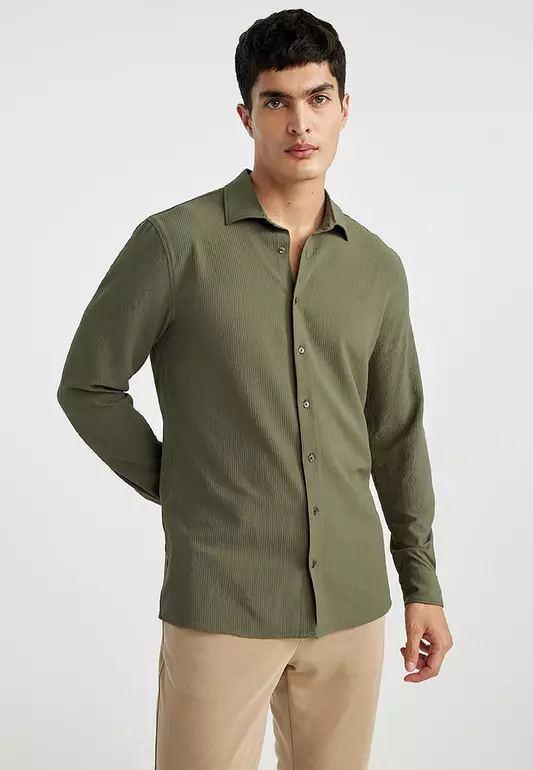 Modern Fit Polo Collar Basic Plain Crinkle Long Sleeve Shirt