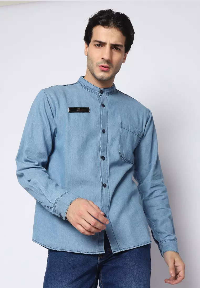 Kemeja Denim Glorys Krah Mandarin KT L/S Light Blue 182503
