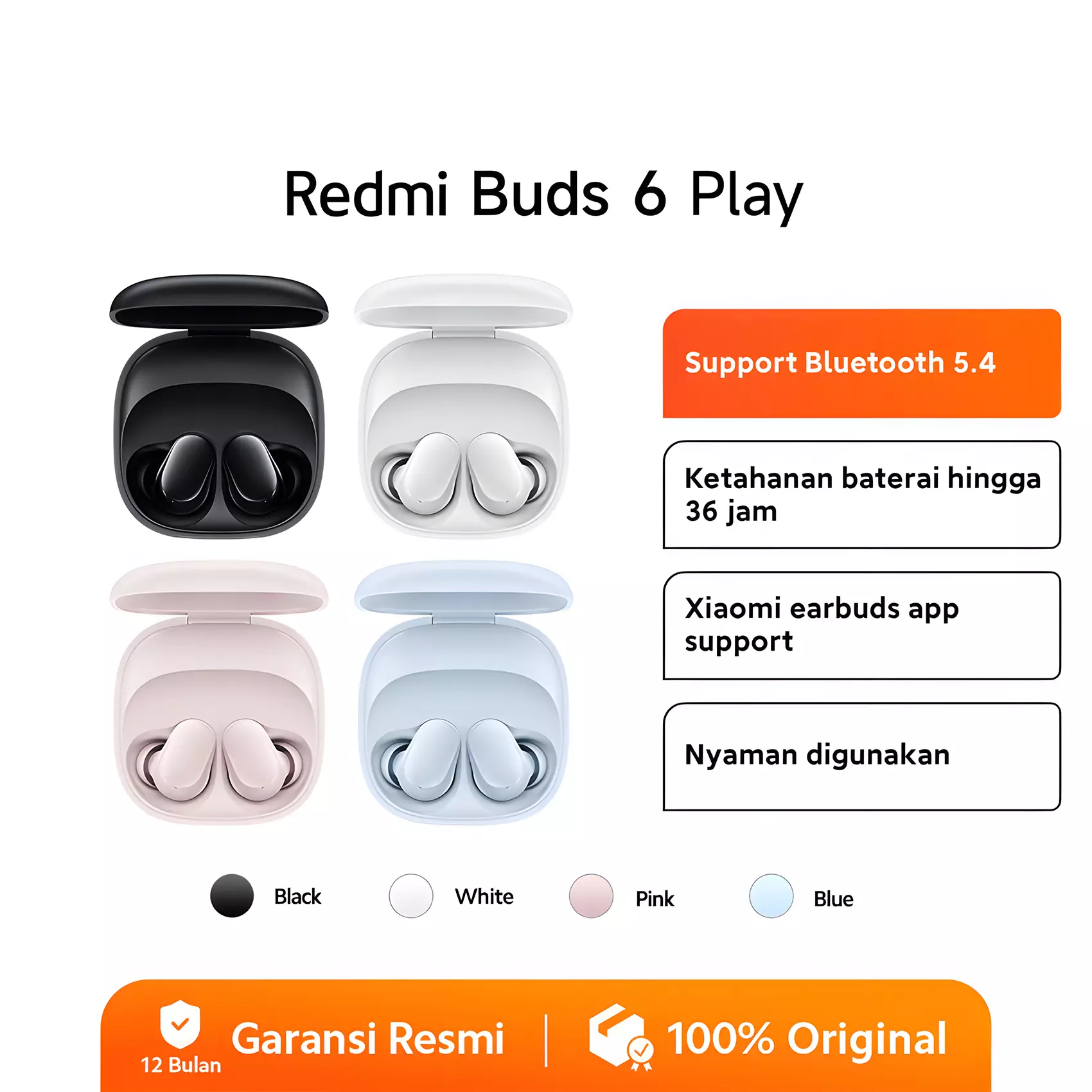 Xiaomi Redmi Buds 6 Play | Bluetooth 5.4 | Baterai Hingga 36 Jam | Xiaomi Earbuds App Support | Nyaman Digunakan - Blue