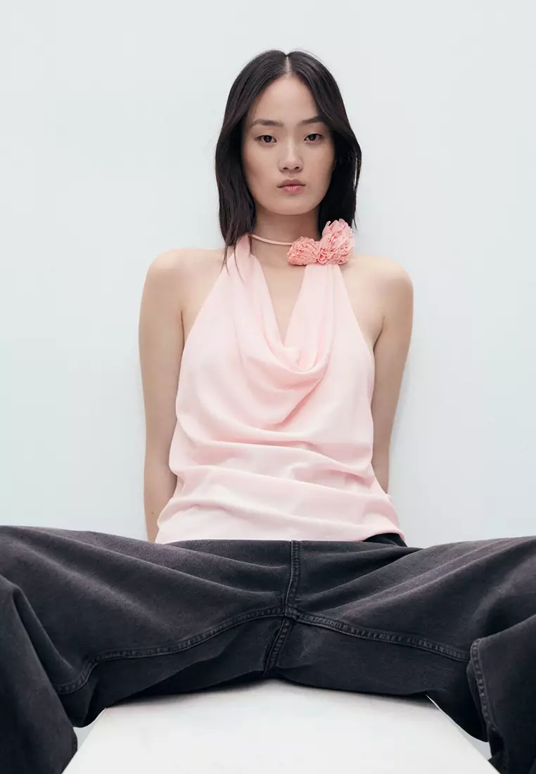 Draped Blouse with Flower Detail