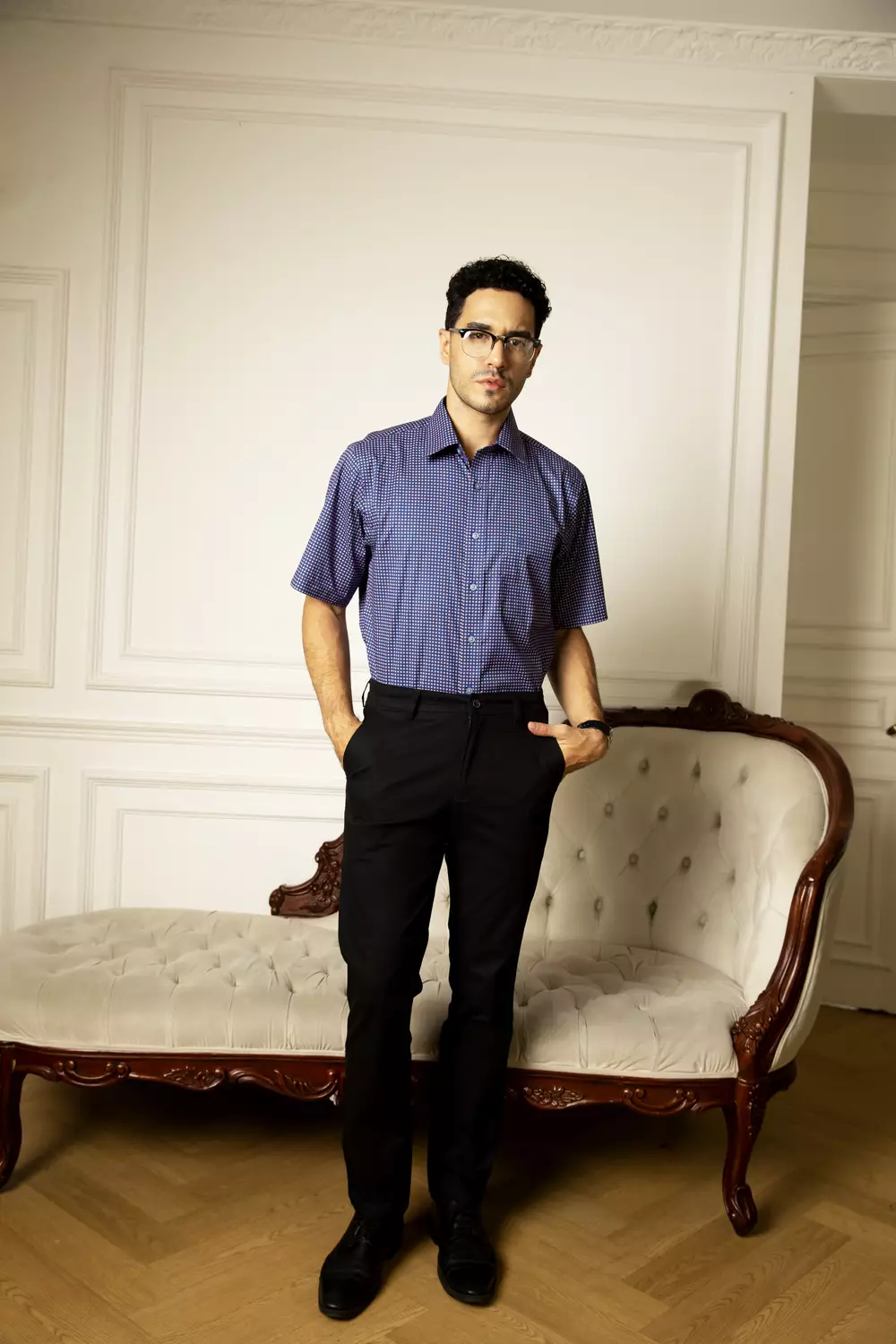 Kemeja Lengan Pendek Pierre Cardin TechnoShirt Mini Geo Yves - Drak Blue Cotton Smart Casual