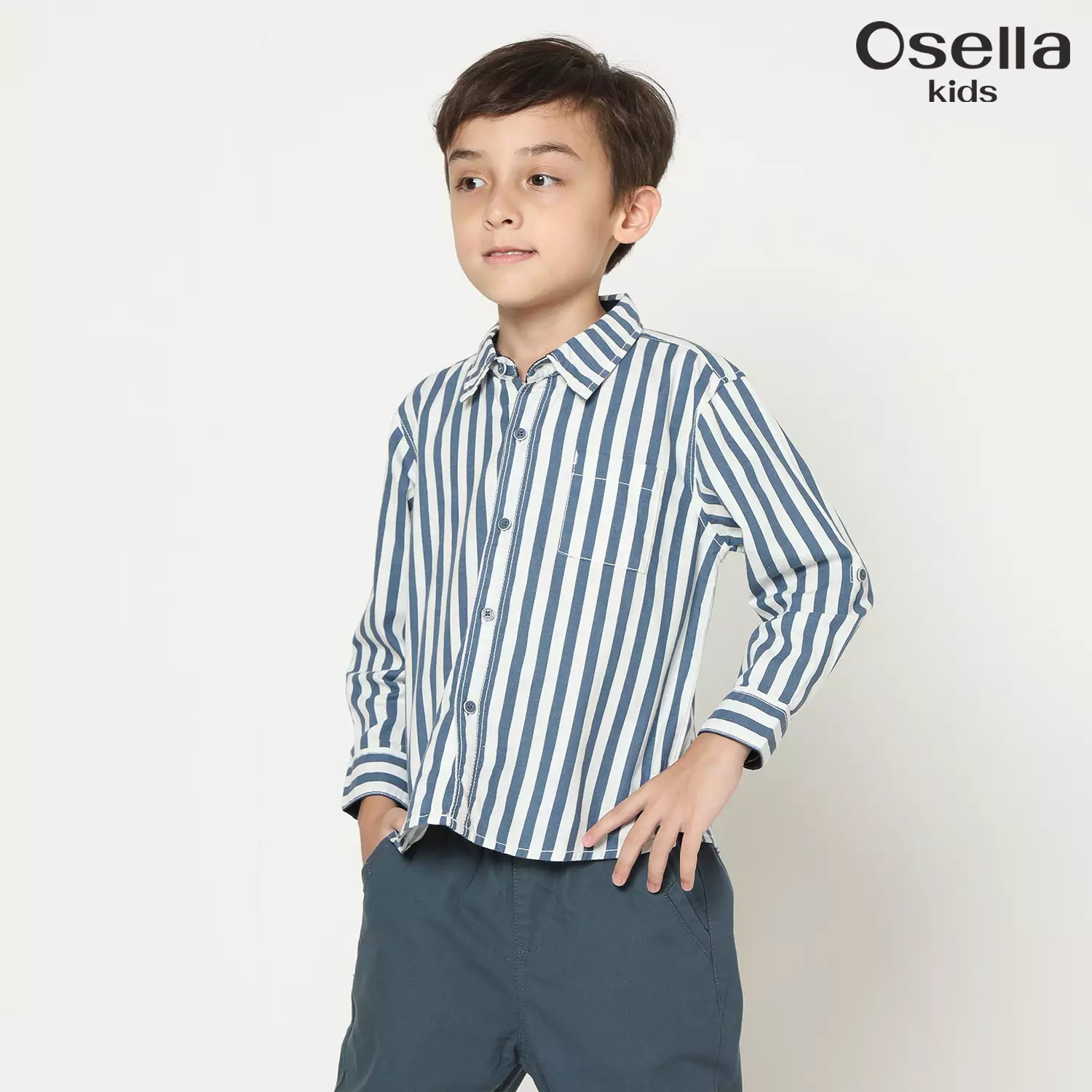 Osella Enzo Stripe Regular Fit Shirt In Blue 2237500736 | Kemeja Garis Garis Lengan Panjang Anak LakI Laki
