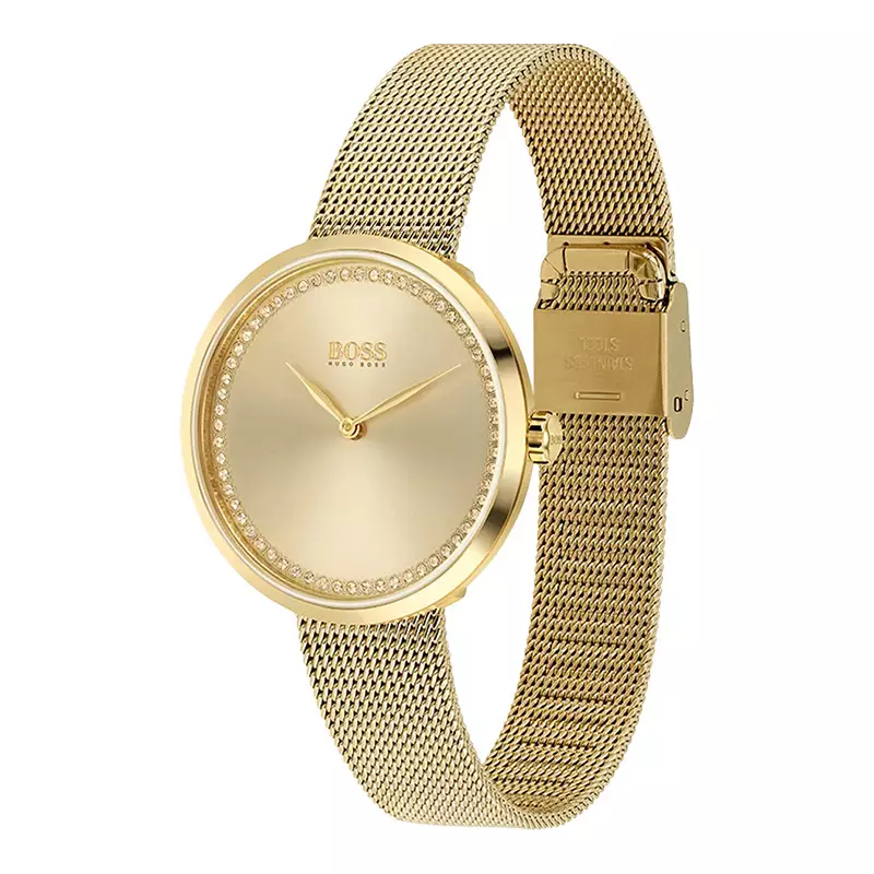 Jam Tangan Wanita Hugo Boss Praise 1502547 Ladies Gold Dial Gold Mesh Strap