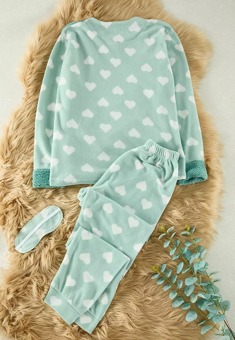 Mint Heart Cat Embroidered Sleep Band Polar Fleece Winter Knitted Pajama Set THMAW21PT0669