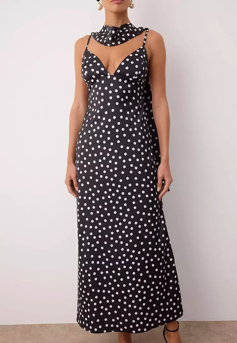 Black And White Shawl Detailed Satin Woven Maxi Evening Night Graduation Dress Tprss25El00312