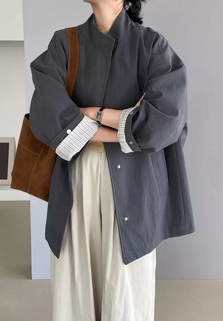 New silhouette mid-length workwear loose stand collar trench coat K091604GY