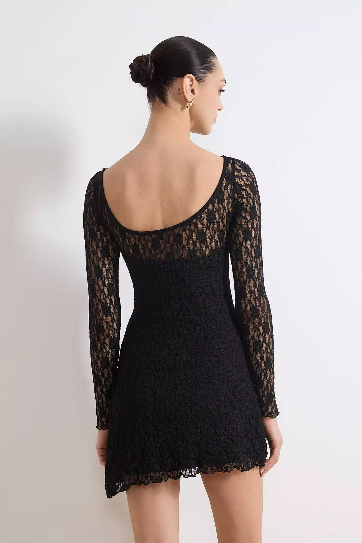 Black Backless Asymmetrical Detail Mini/Short Lace Stretchy Knitted Dress Twoss25El93