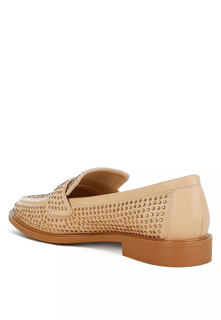 Beige Rhinestones Embellished Loafers