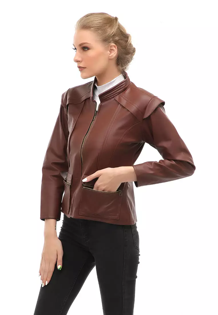 Glenice Jacket Kulit Casual Wanita Zipper Pocket Material Leather ORIGINAL - Brown