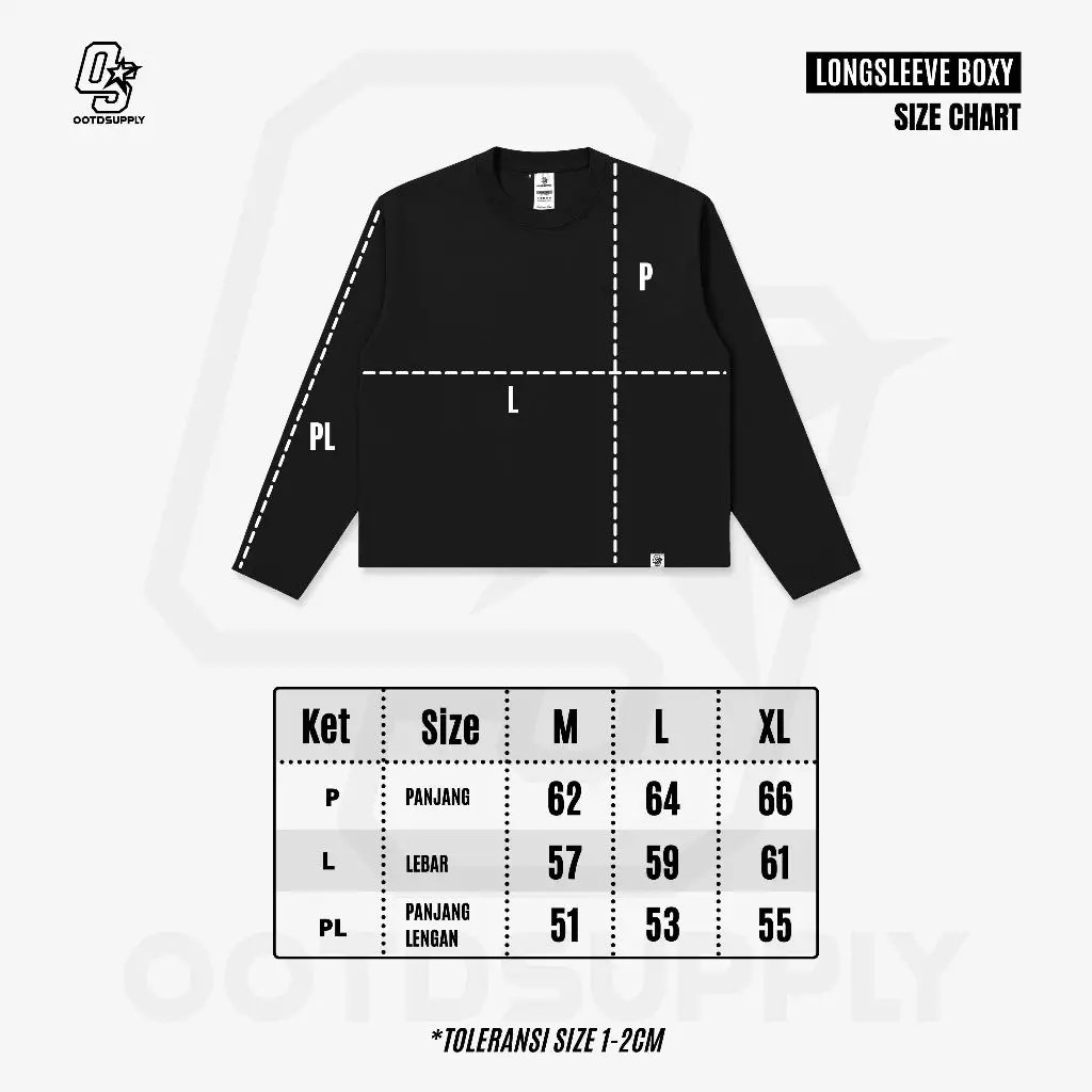 OOTDSUPPLY Longsleeve Boxy Cutline Circle Embroidery Black | Tshirt Boxyfit Panjang Unisex | Kaos Lengan Panjang Pria dan Wanita | LS-BX-CL-CE