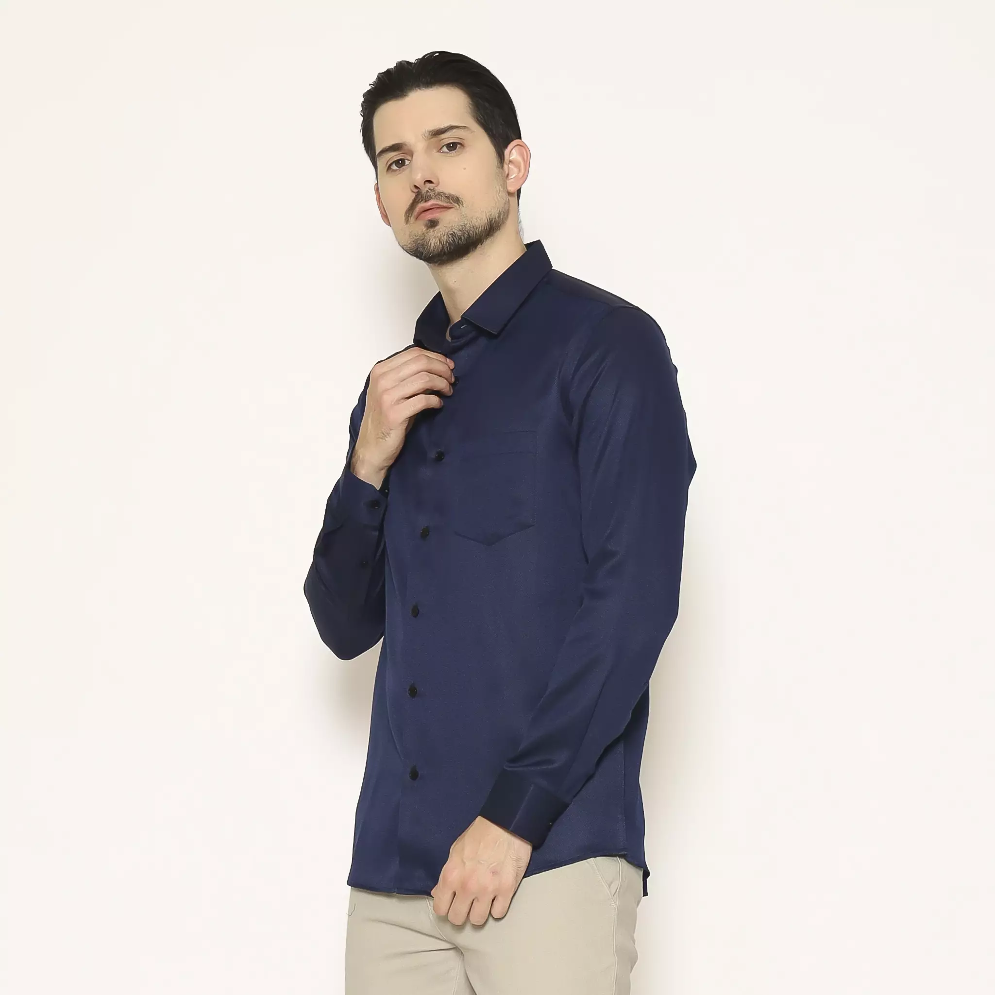 MAGINOT Kemeja Pria Basic Texture Panjang DARK NAVY