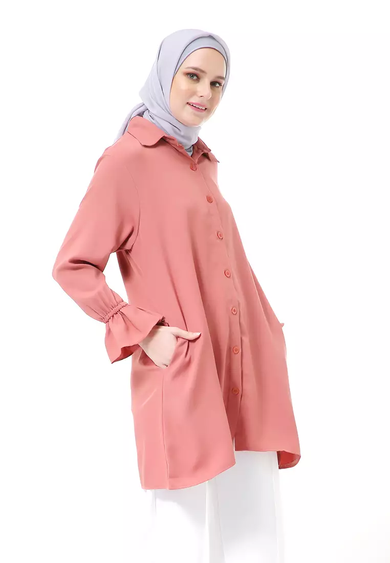 Aleina Blouse Muslimah Atasan Wanita Long Sleeve Premium High Quality - Salmon
