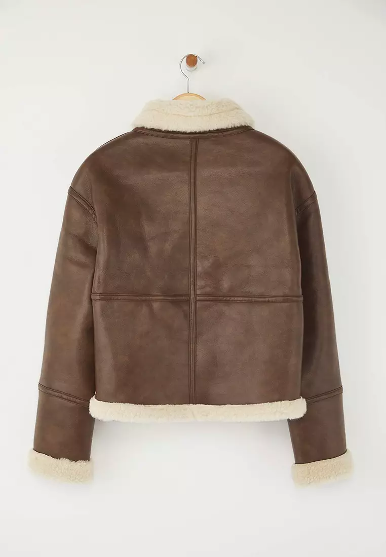 Oversized Plush Collar Faux Leather Jacket