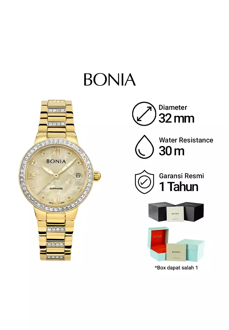 Bonia Sapphire Glass - Jam Tangan Analog Wanita - Gold Dial - Gold Stainless Steel - B10743-2223S