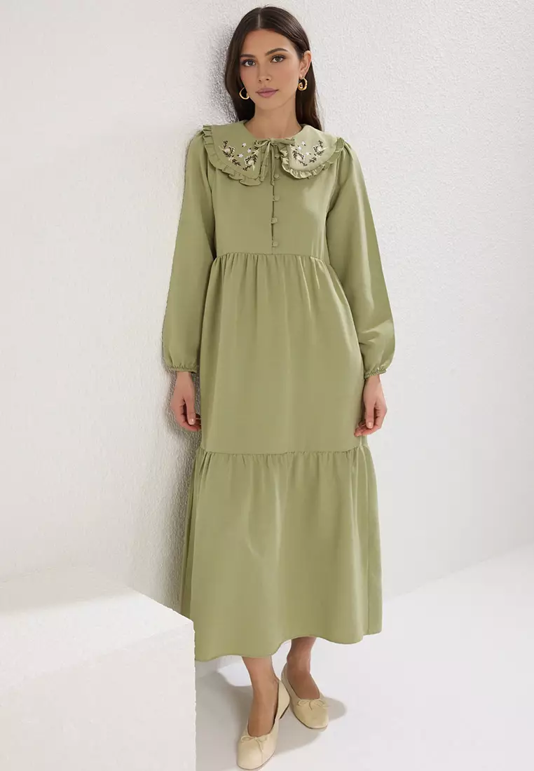 Green Embroidered Detailed Linen Look Woven Dress TCTSS23EB00257