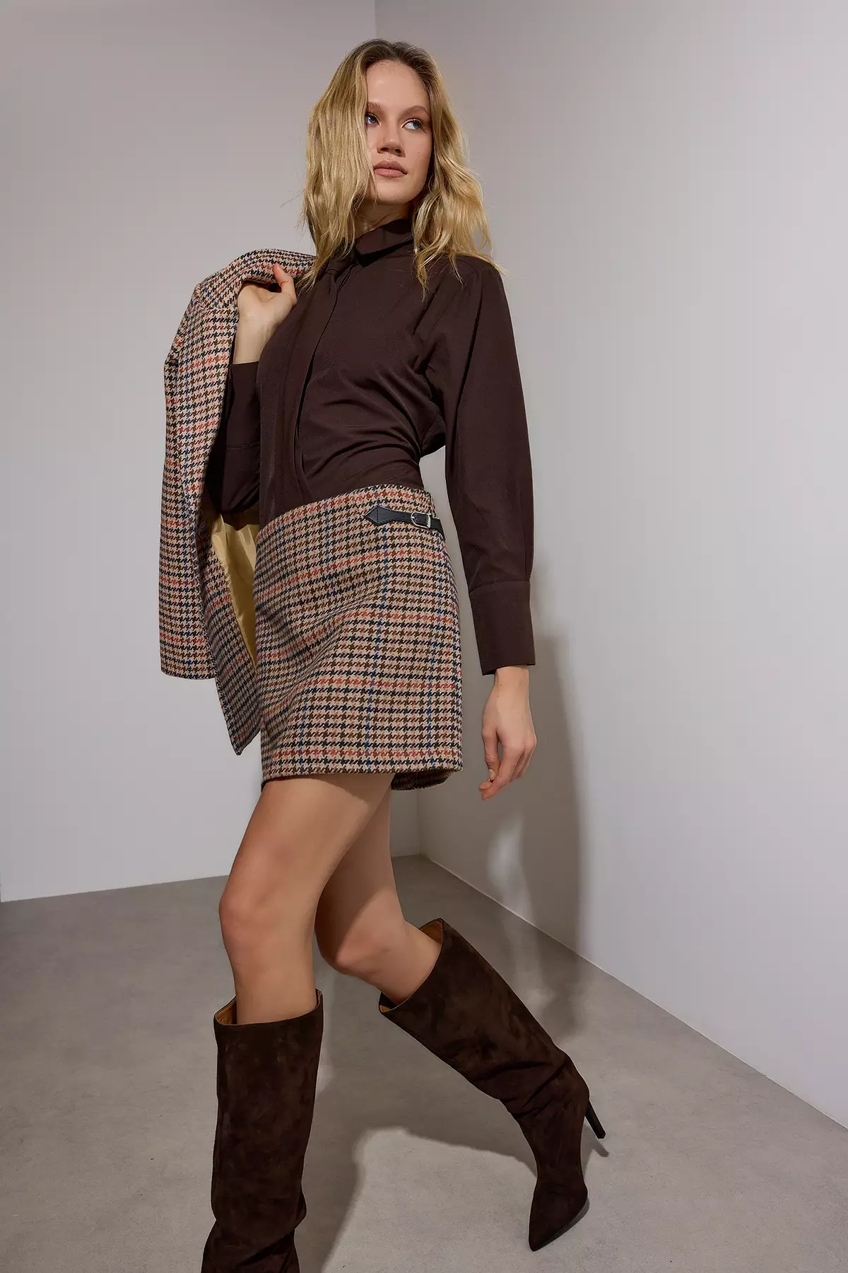 Limited Edition Brown Blue Plaid Cashmere Woven Mini Skirt
