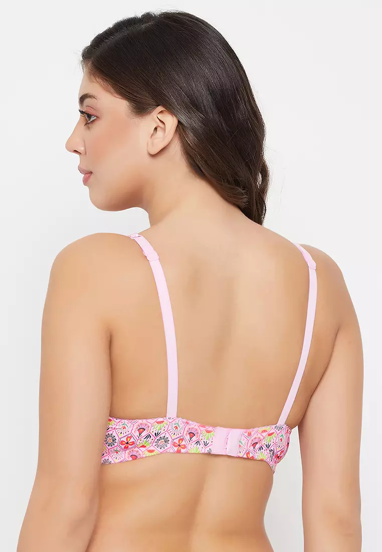 Padded Non-Wired Floral Print T-shirt Bra in Pink