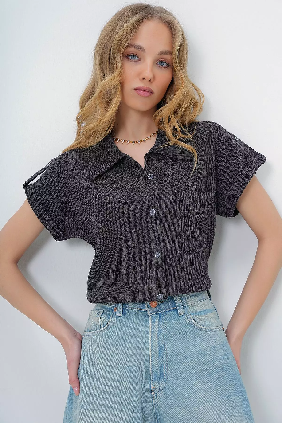 Women's Anthracite Cuffed Double Short Sleeve Textured Shirt