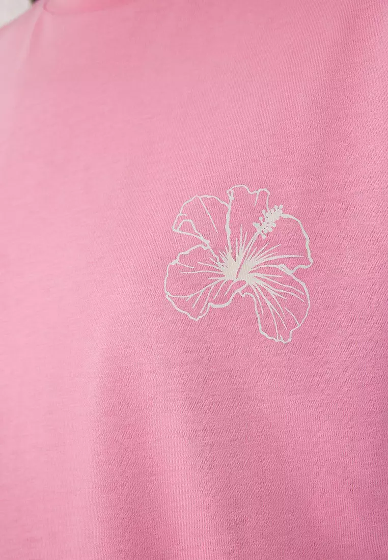 Light Pink 100% Cotton Oversize/Wide Pattern Front Back Printed Knitted T-Shirt TWOSS25TS00059