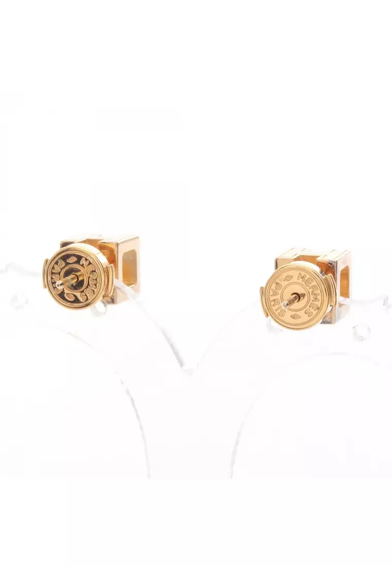 Pre-Loved Hermès Cage d'H Ash H-cube earrings GP gold off white